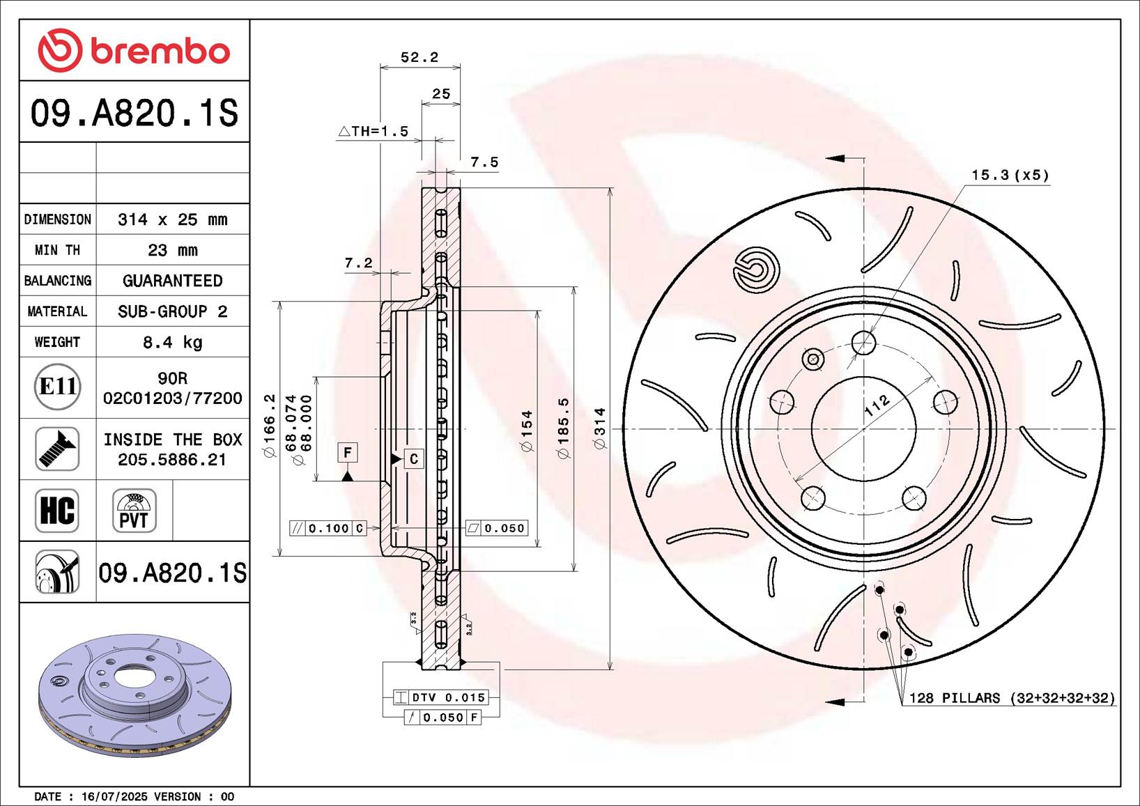BREMBO Bremseskive 09.A820.1S 314mm 25mm for AUDI AUDI (FAW)