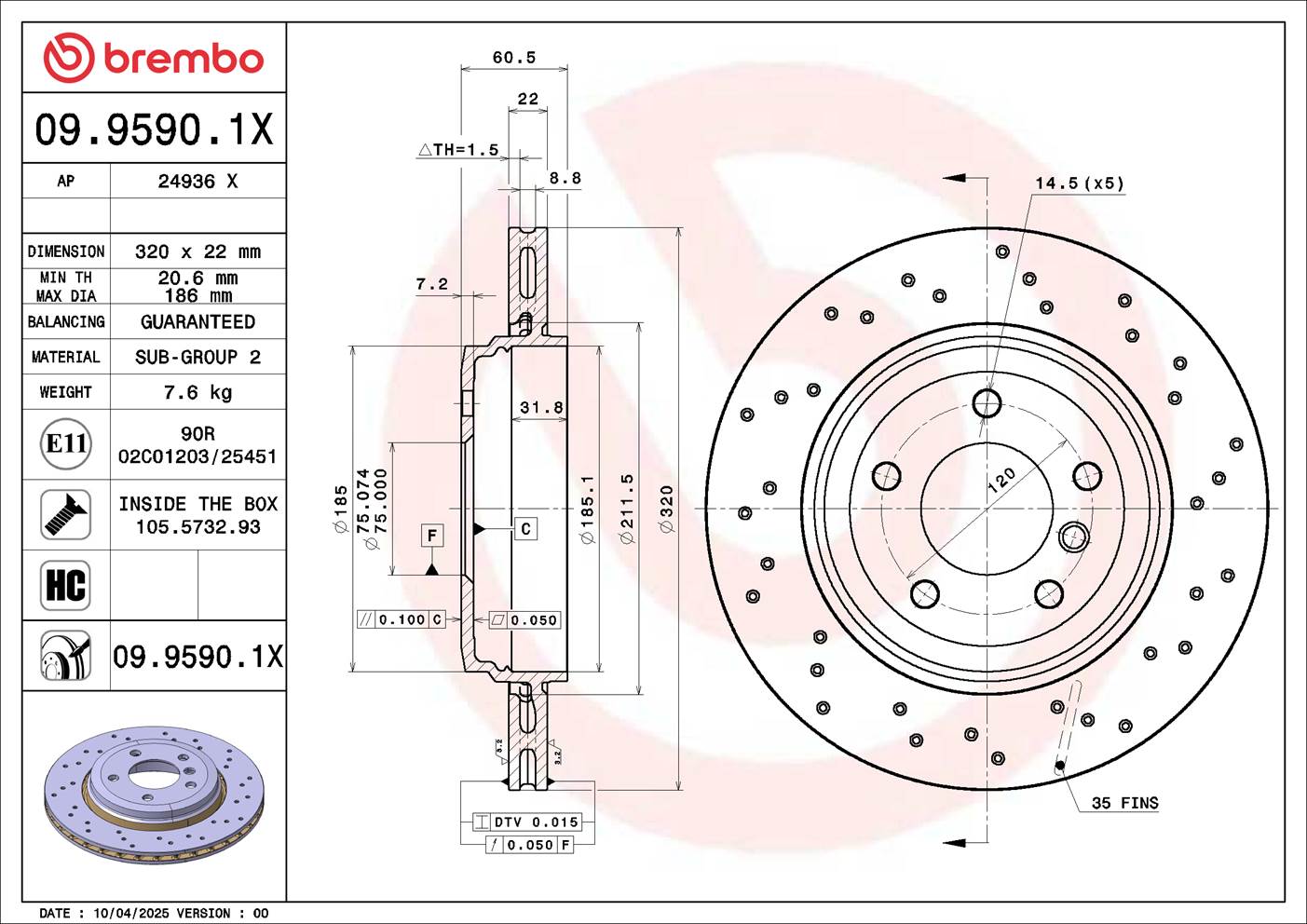 BREMBO Bremseskive 09.9590.1X 320mm 22mm for BMW