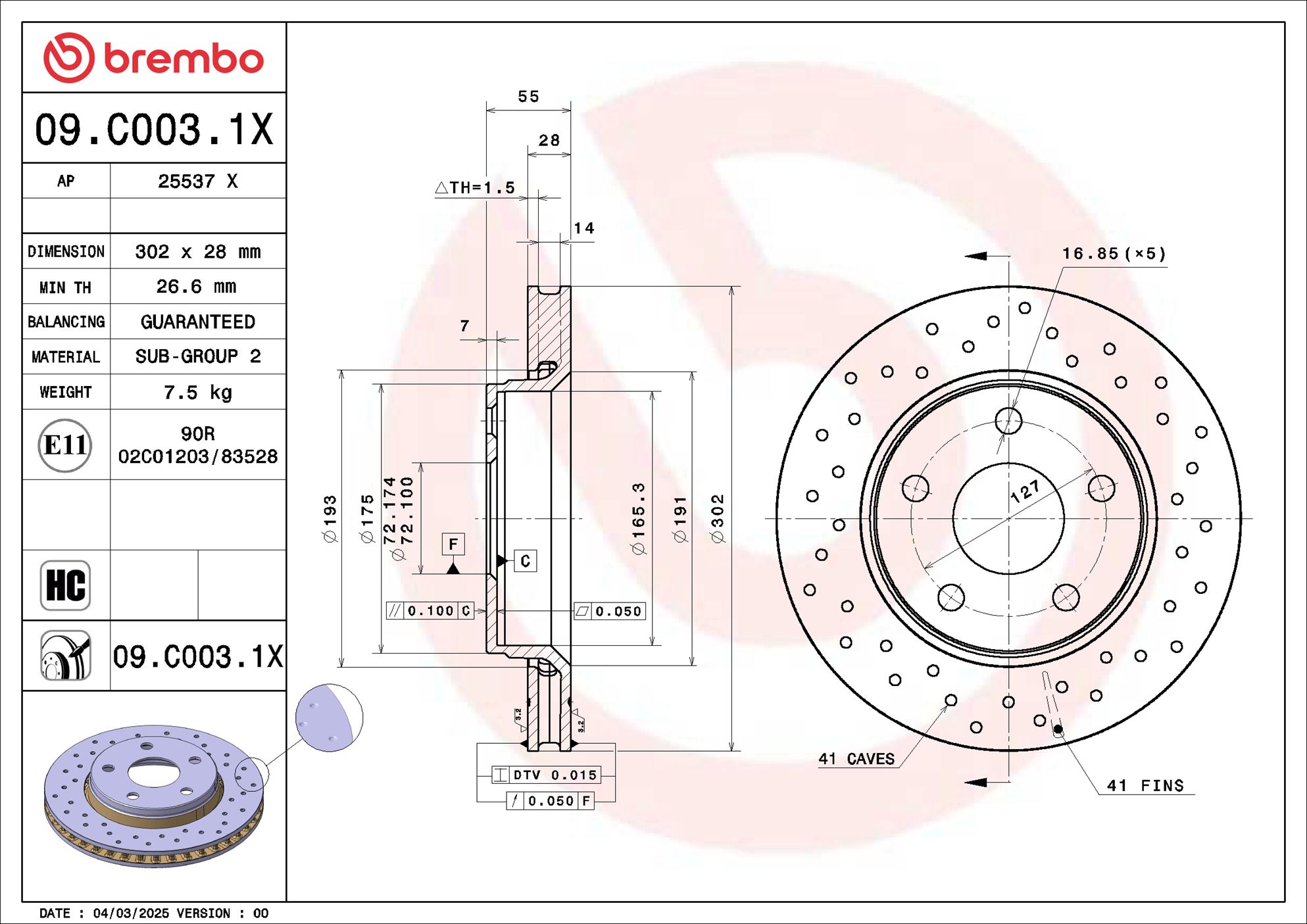 BREMBO Bremseskive 09c0031x 302mm 28mm for JEEP