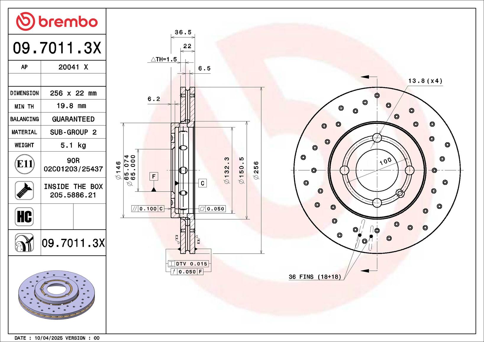 BREMBO Bremseskive 09.7011.3X 256mm 22mm for VW