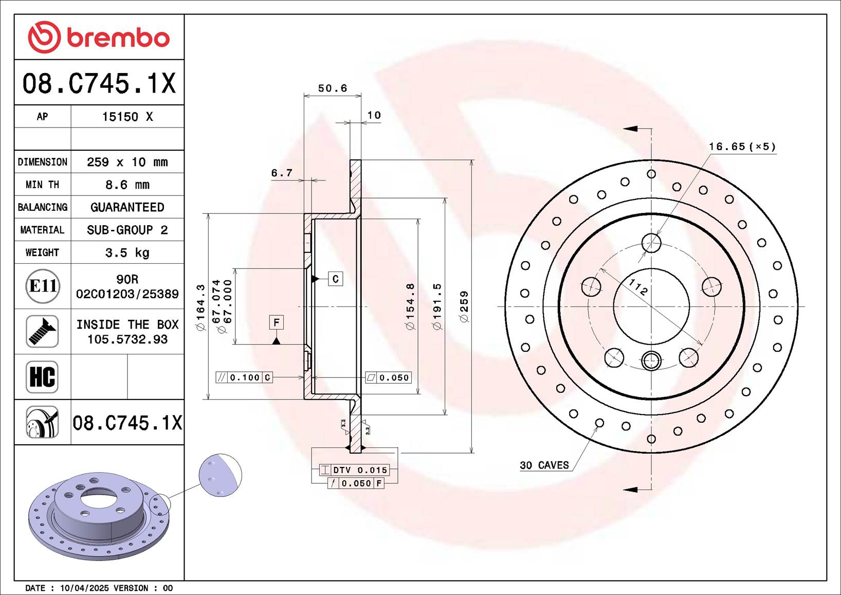 BREMBO Bremseskive 08.C745.1X perforeret 259mm 10mm for MINI