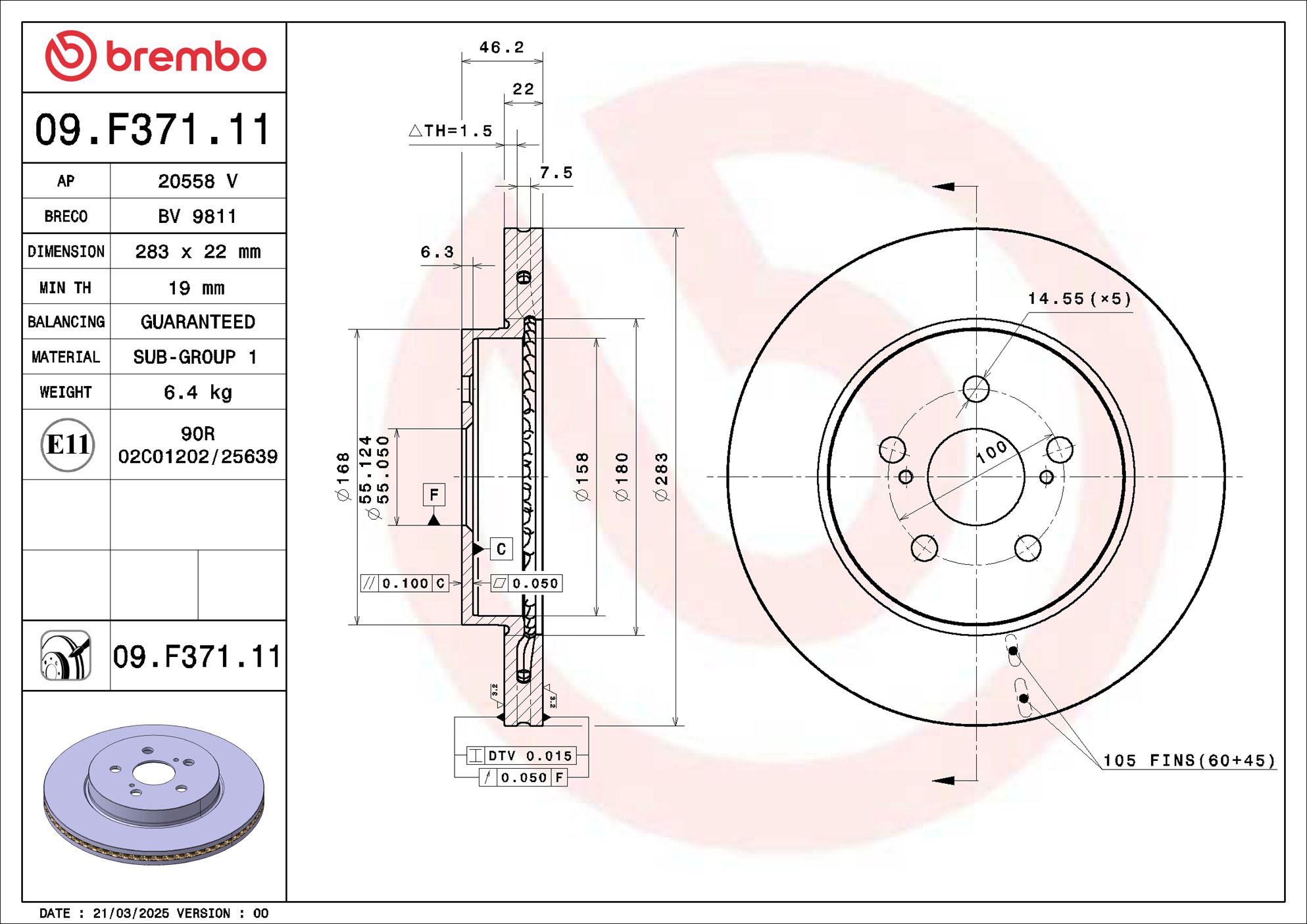 BREMBO 09.F371.11 283mm 22mm for TOYOTA