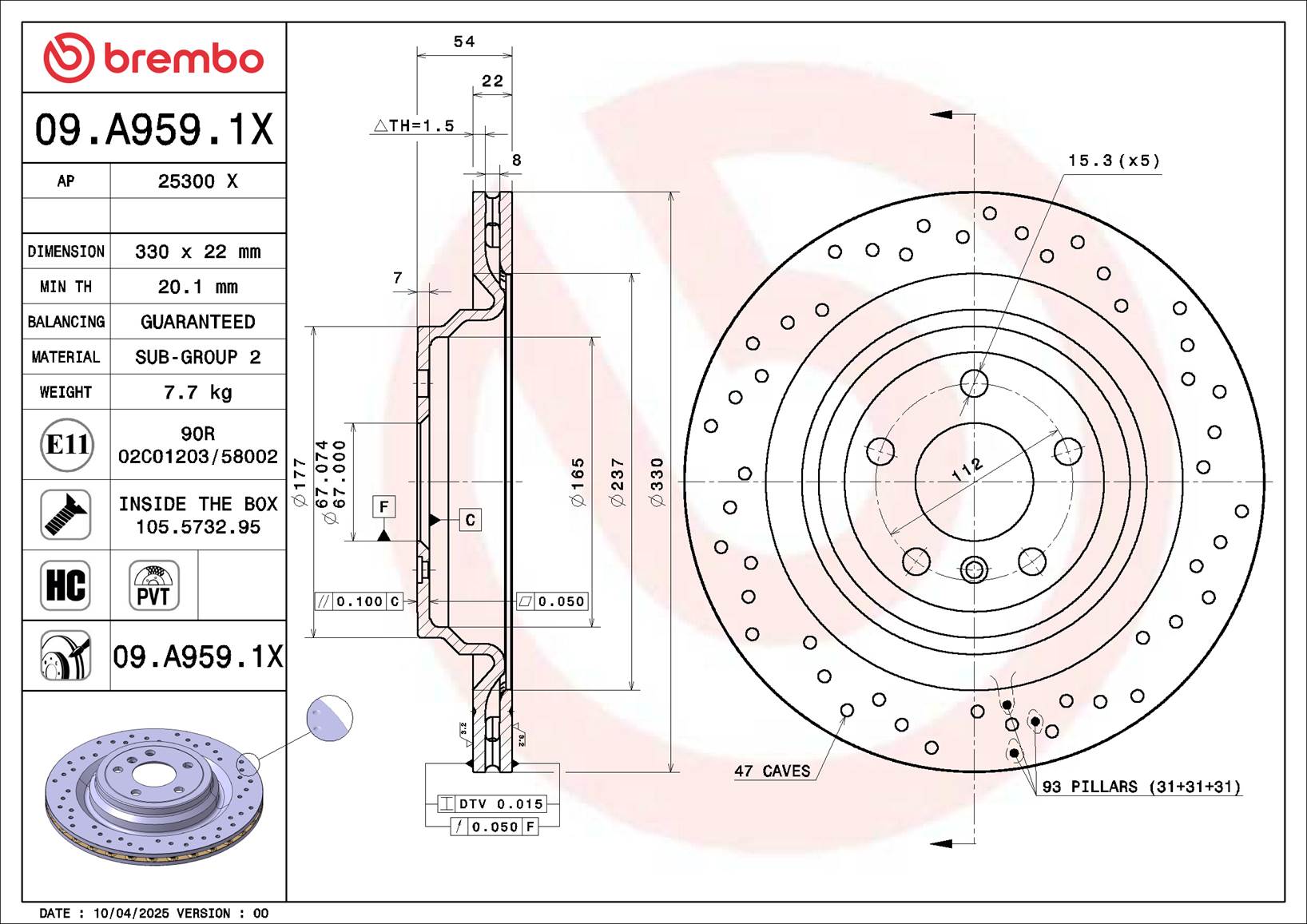BREMBO Bremseskive 09a9591x 330mm 22mm for MERCEDES-BENZ BRABUS