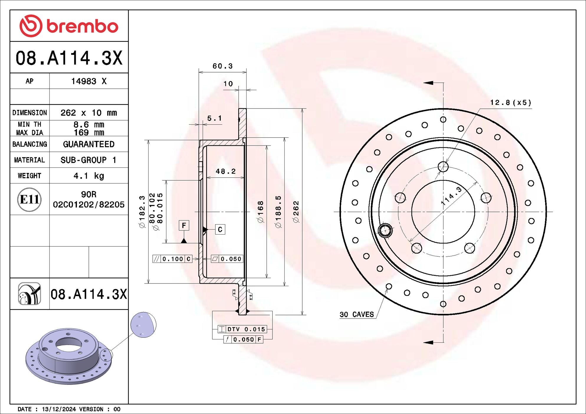 BREMBO Bremseskive 08.A114.3X perforeret 262mm 10mm for CHRYSLER (BBDC) CHRYSLER