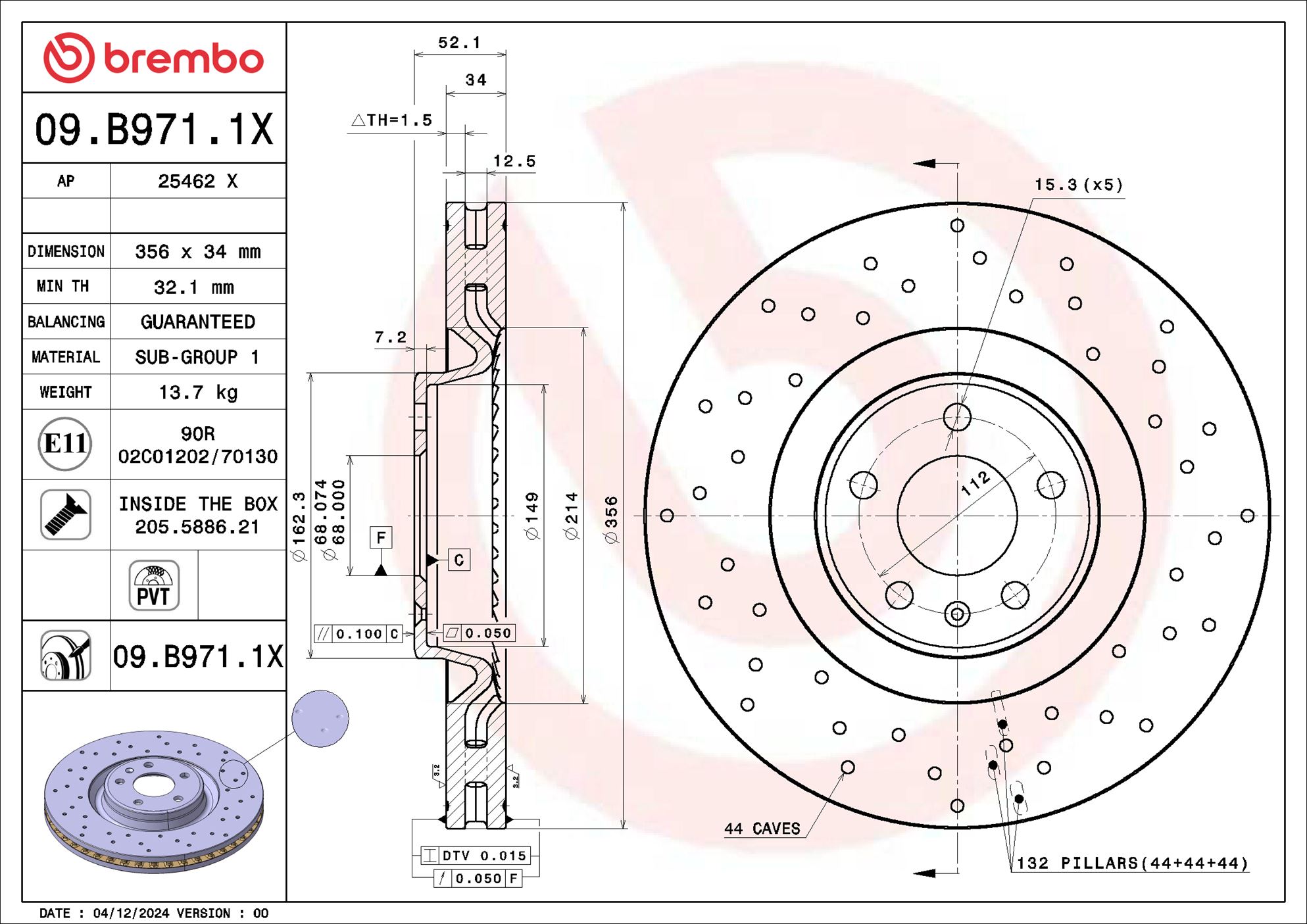 BREMBO Bremseskive 09b9711x 356mm 34mm for VW (SVW) AUDI AUDI (FAW)