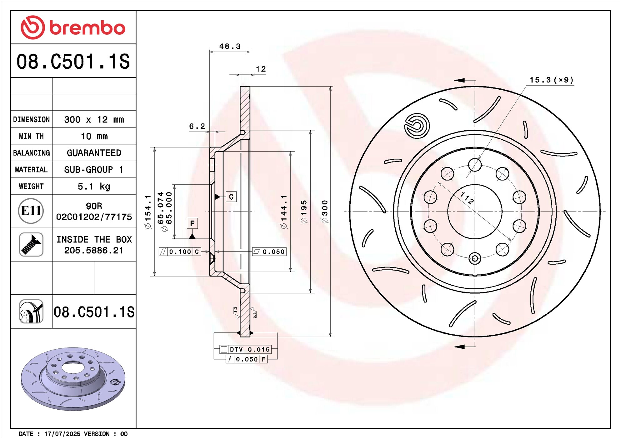 BREMBO Bremseskive 08.C501.1S lukket 300mm 12mm for VW VW (FAW) SKODA (SVW)