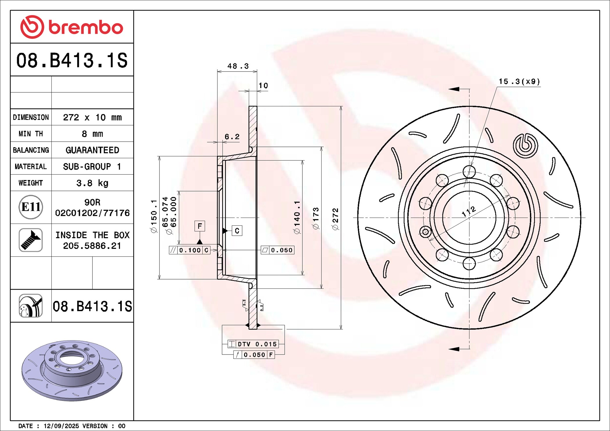 BREMBO Bremseskive 08.B413.1S 272mm 10mm for VW VW (FAW)