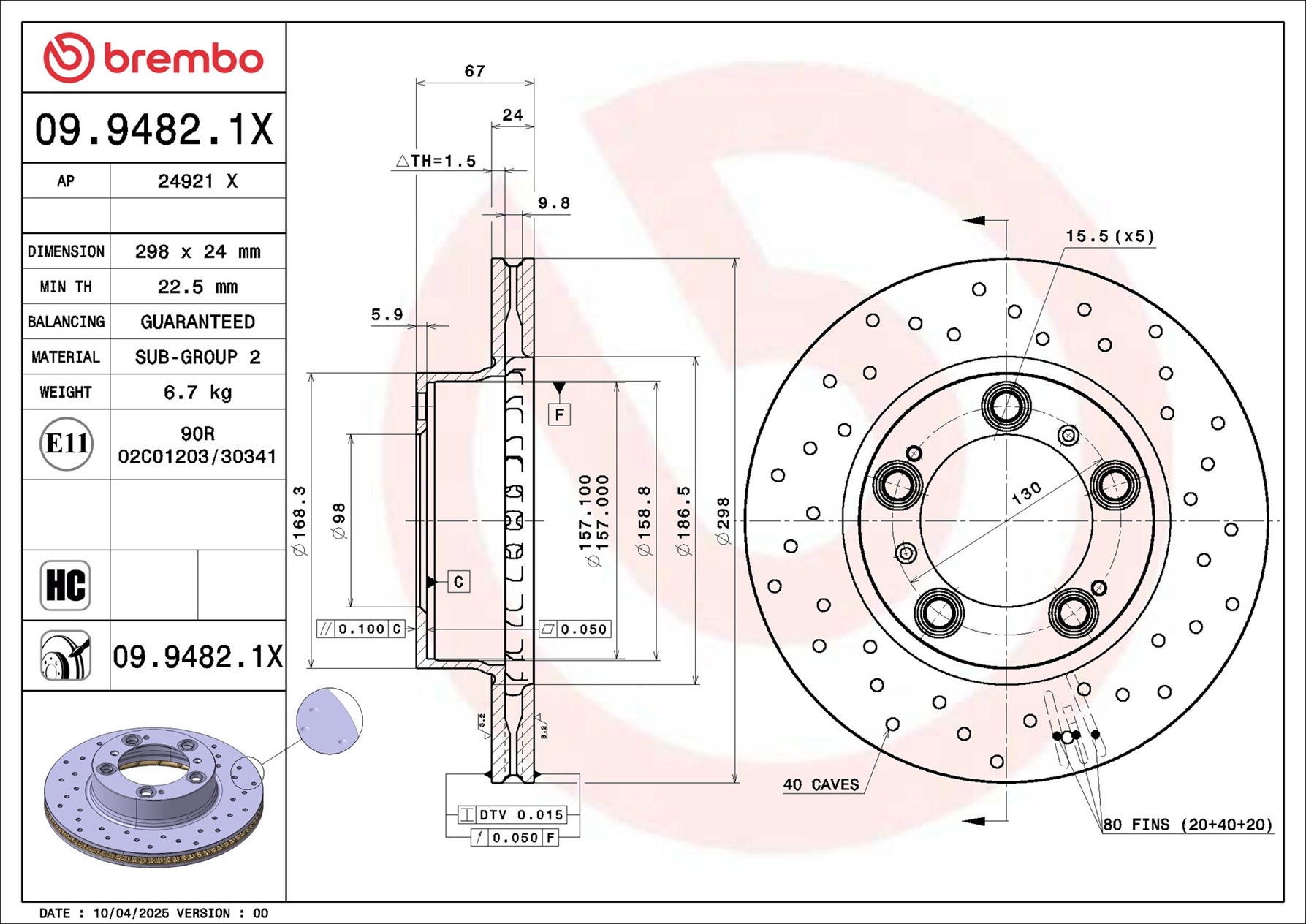 BREMBO Bremseskive 09.9482.1X 298mm 24mm for PORSCHE