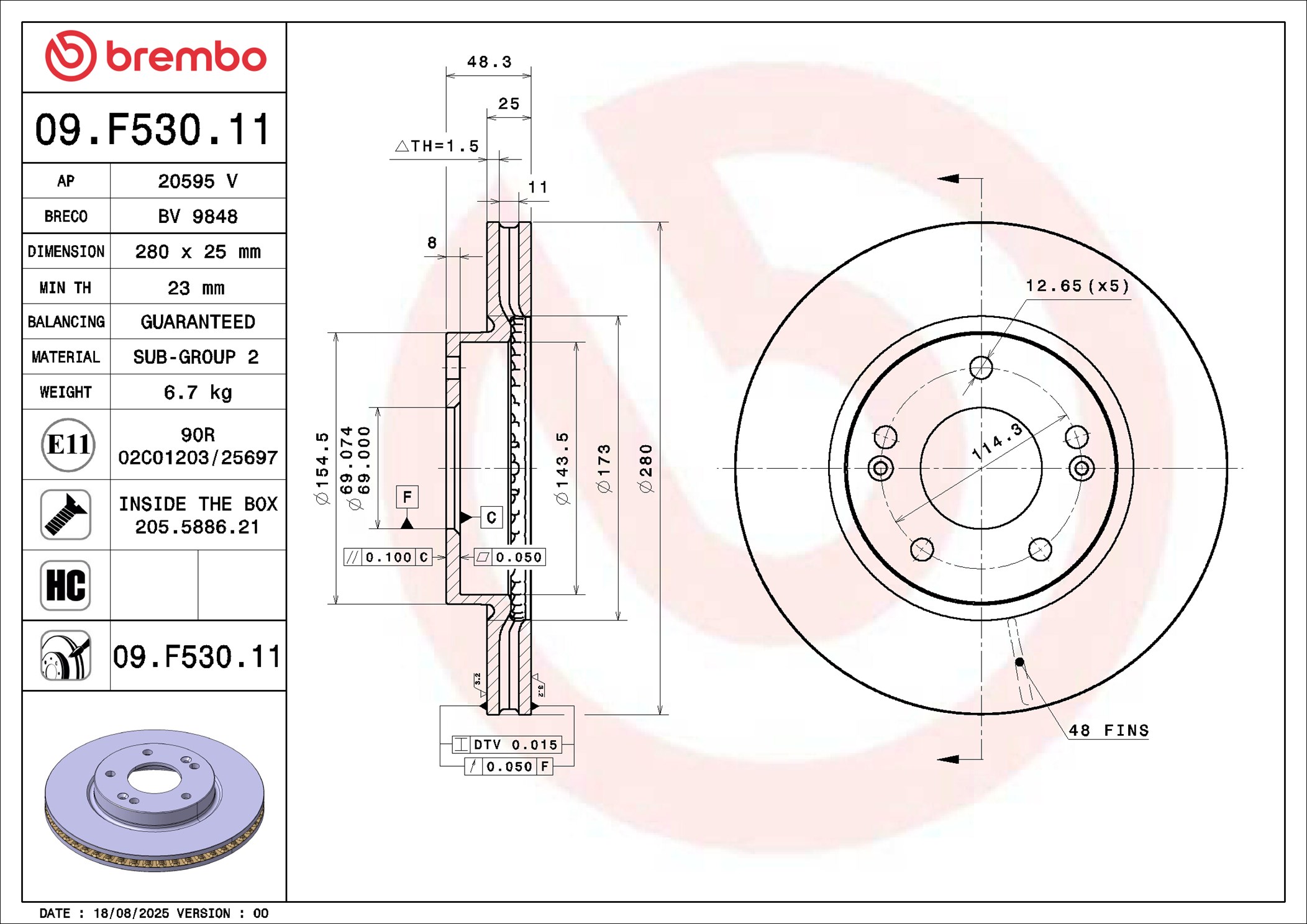 BREMBO Bremseskive 09f53011 280mm 25mm for KIA