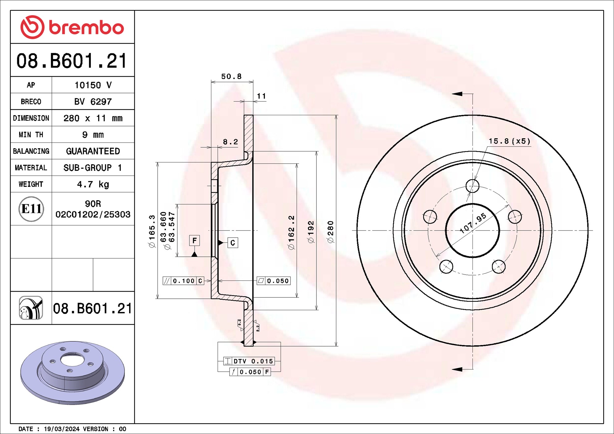 BREMBO Bremseskive 08.B601.21 280mm 11mm for FORD