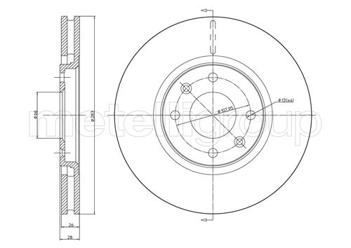 METELLI Bremseskive 230454 ventileret 283mm 26mm for PEUGEOT
