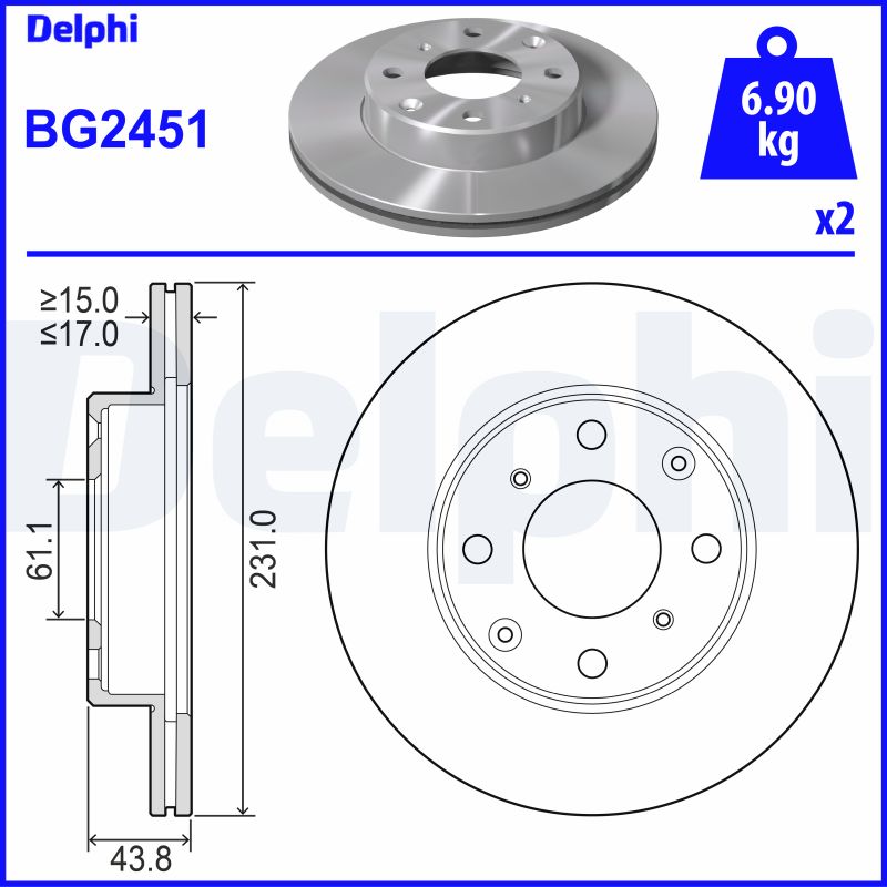 DELPHI Bremseskive bg2451 231mm 17mm for HONDA ROVER