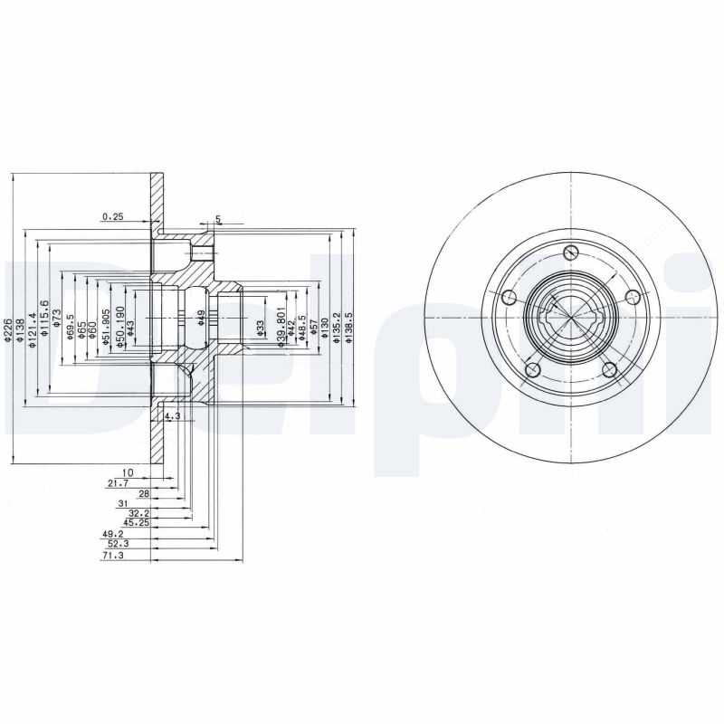 DELPHI Bremseskive bg2714 226mm 10mm for VW