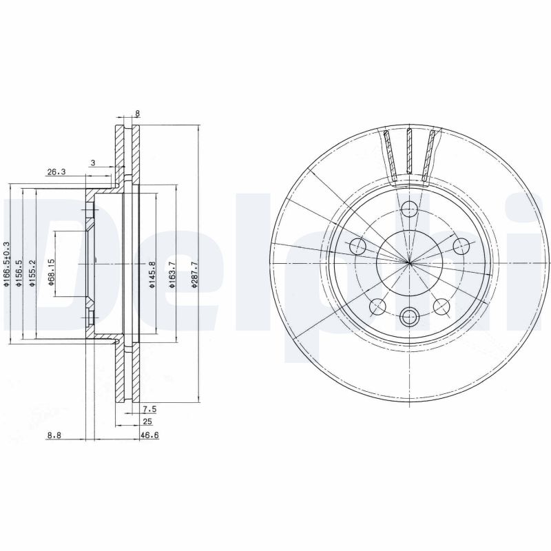 DELPHI Bremseskive bg3025 288mm 25mm for FORD VW