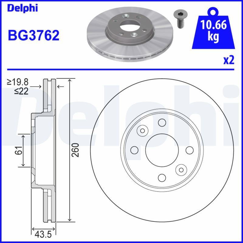 DELPHI Bremseskive bg3762 260mm 22mm for NISSAN DACIA RENAULT
