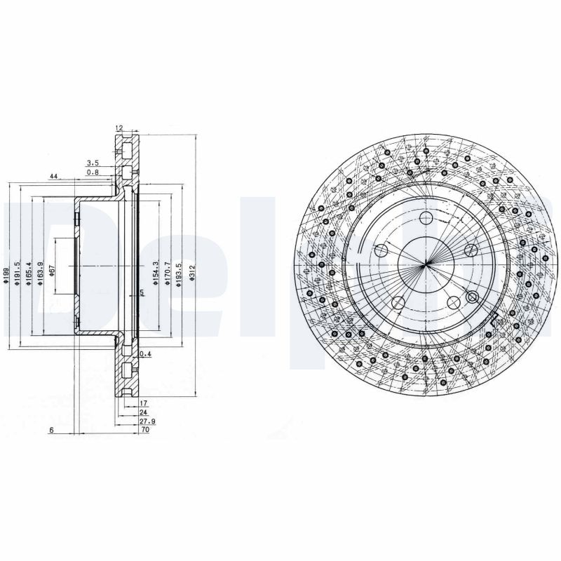 DELPHI Bremseskive bg3828 perforeret 311mm 28mm for MERCEDES-BENZ