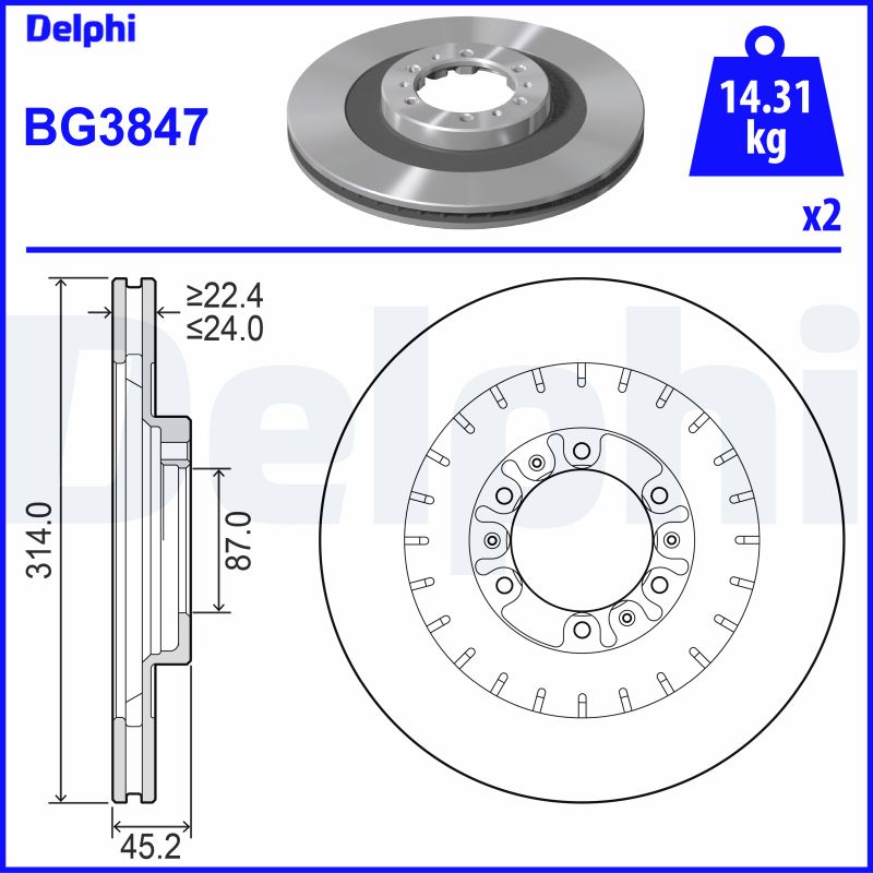 DELPHI Bremseskive bg3847 314mm 24mm for MITSUBISHI