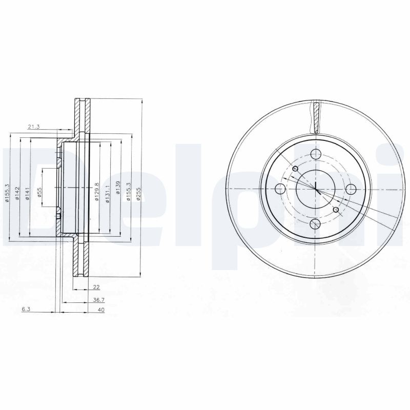 DELPHI Bremseskive bg4053 255mm 22mm for TOYOTA TOYOTA (GAC) TOYOTA (FAW)