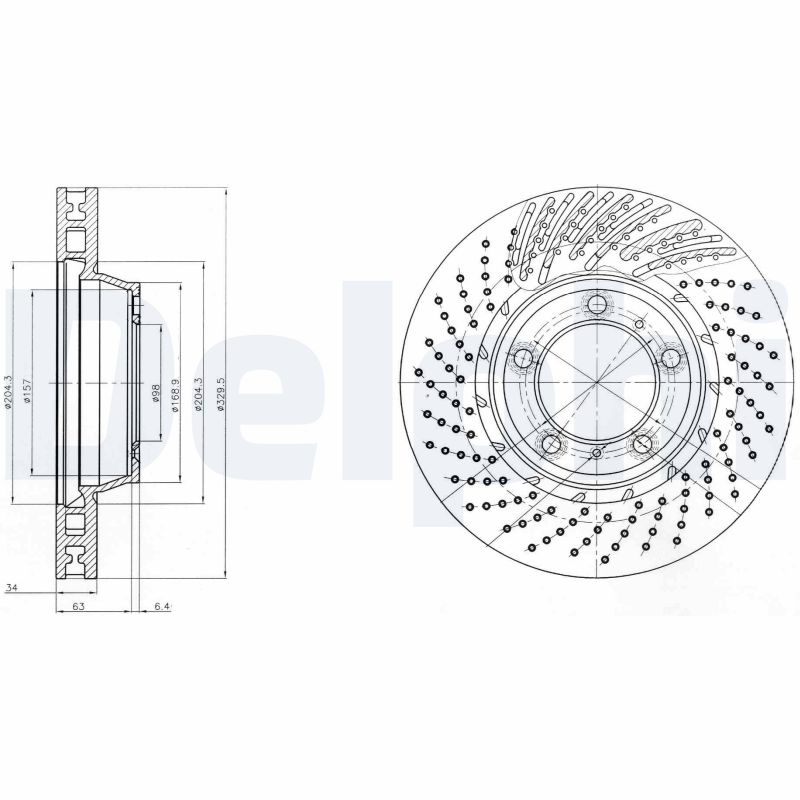 DELPHI Bremseskive bg9095c perforeret 330mm 34mm for PORSCHE