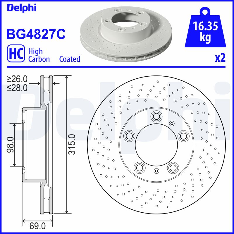 DELPHI Bremseskive bg4827c perforeret 315mm 28mm for PORSCHE