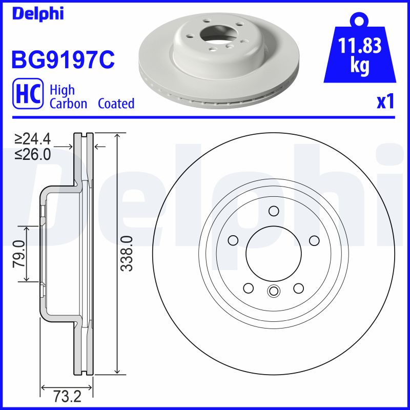 DELPHI Bremseskive bg9197c 338mm 26mm for BMW