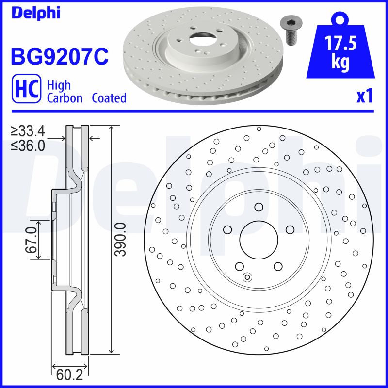 DELPHI Bremseskive bg9207c perforeret 390mm 36mm for MERCEDES-BENZ