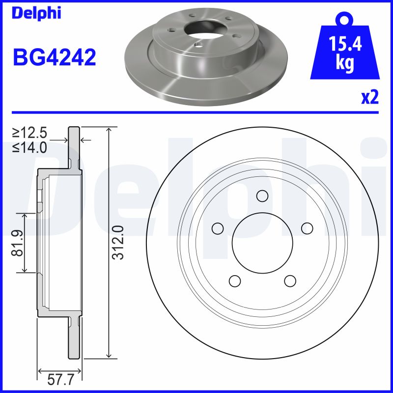 DELPHI Bremseskive bg4242 312mm 14mm for CHRYSLER