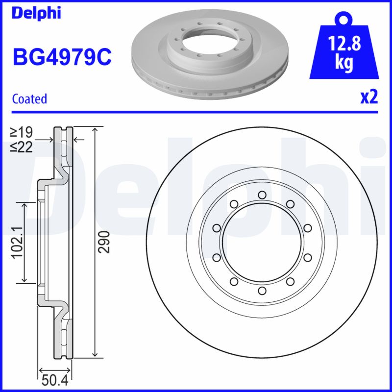 DELPHI Bremseskive bg4979c 290mm 22mm for RENAULT TRUCKS