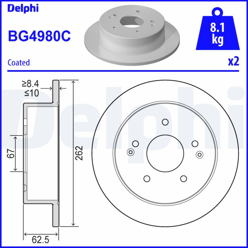DELPHI Bremseskive bg4980c 262mm 10mm for SSANGYONG