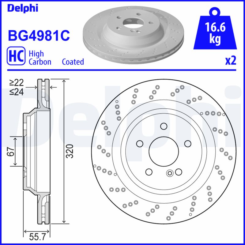 DELPHI Bremseskive bg4981c perforeret 320mm 24mm for MERCEDES-BENZ