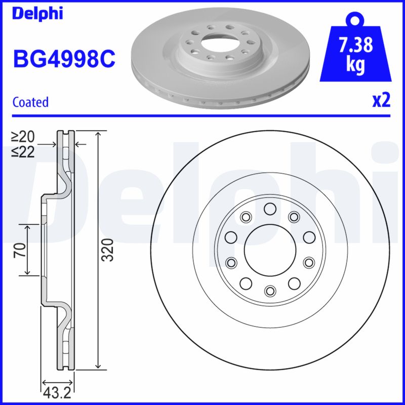 DELPHI Bremseskive bg4998c 320mm 22mm for ALFA ROMEO