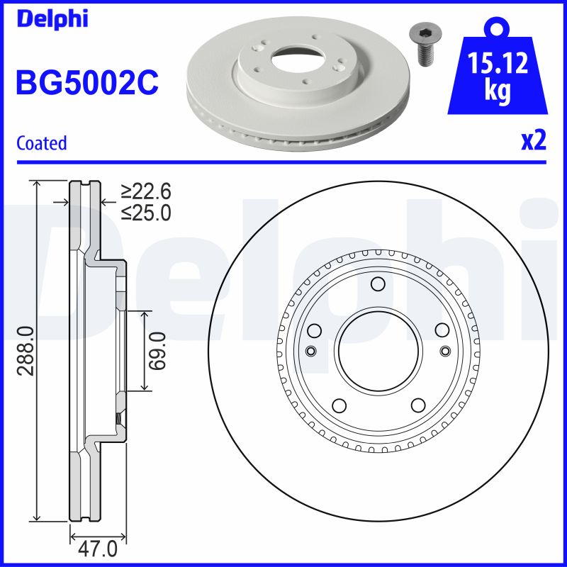 DELPHI Bremseskive bg5002c 288mm 25mm for KIA