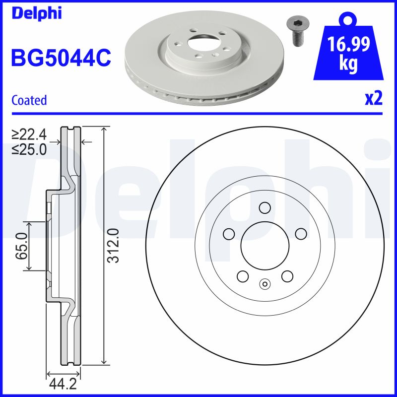 DELPHI Bremseskive bg5044c 312mm 25mm for AUDI