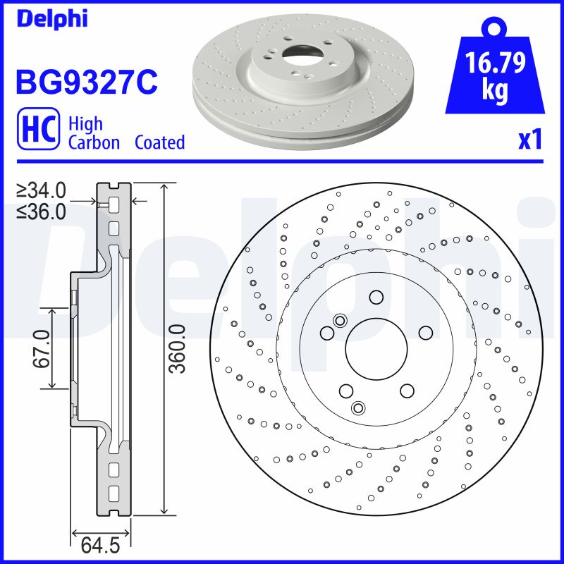 DELPHI Bremseskive bg9327c perforeret 360mm 36mm for MERCEDES-BENZ
