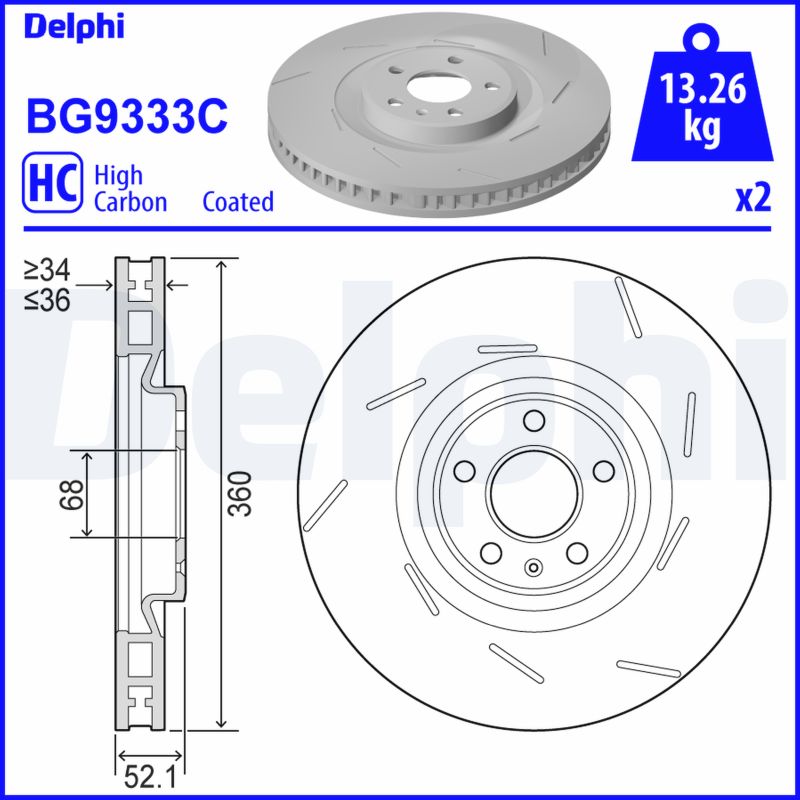 DELPHI Bremseskive bg9333c lukket/perforeret 360mm 36mm for PORSCHE