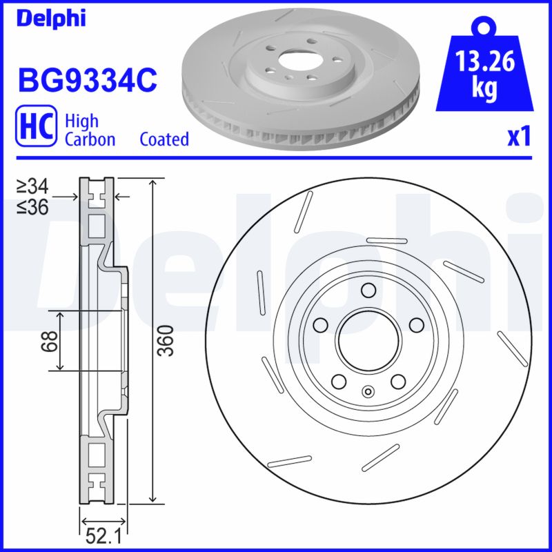DELPHI Bremseskive bg9334c lukket/perforeret 360mm 36mm for PORSCHE