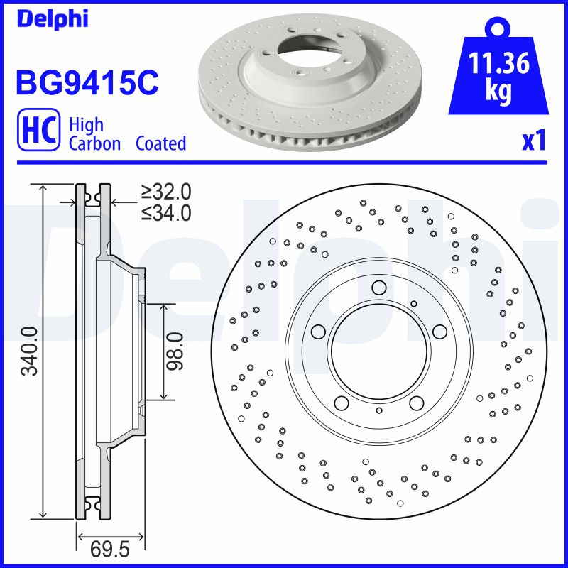 DELPHI Bremseskive bg9415c perforeret 340mm 34mm for PORSCHE