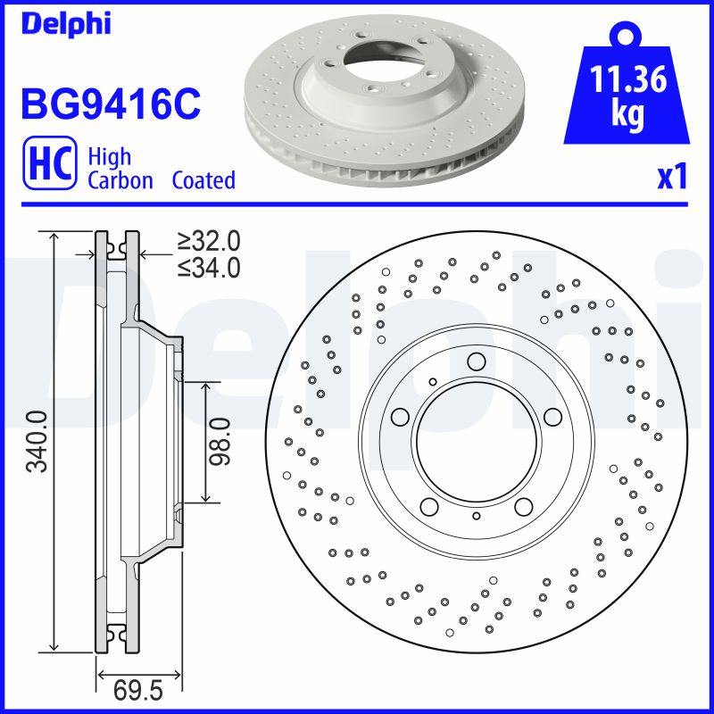 DELPHI Bremseskive bg9416c perforeret 340mm 34mm for PORSCHE