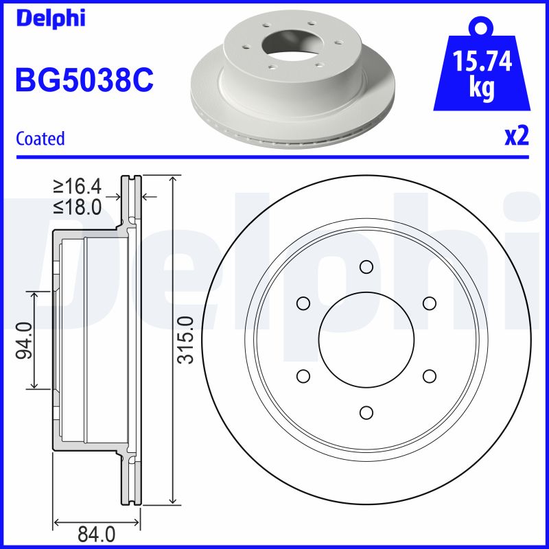 DELPHI Bremseskive bg5038c 315mm 18mm for MITSUBISHI (GAC)