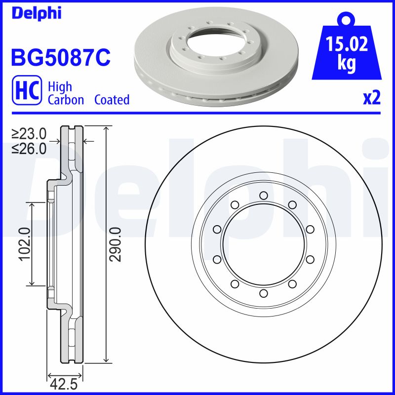 DELPHI Bremseskive bg5087c 290mm 26mm for RENAULT TRUCKS
