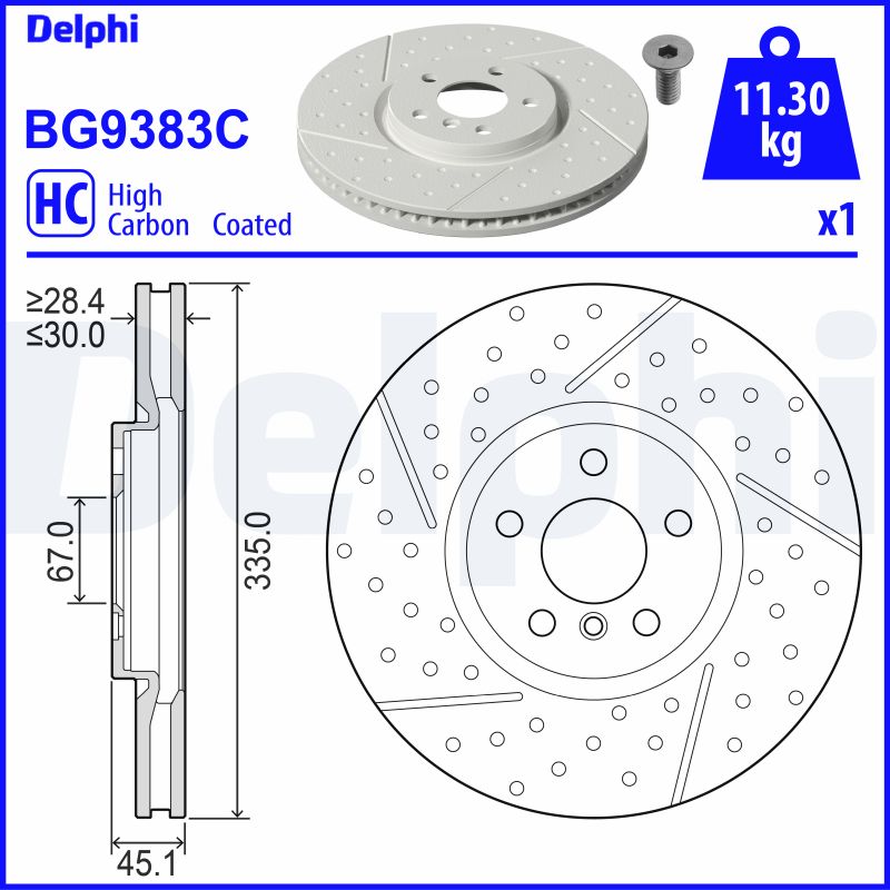 DELPHI Bremseskive bg9383c lukket/perforeret 335mm 30mm for MINI
