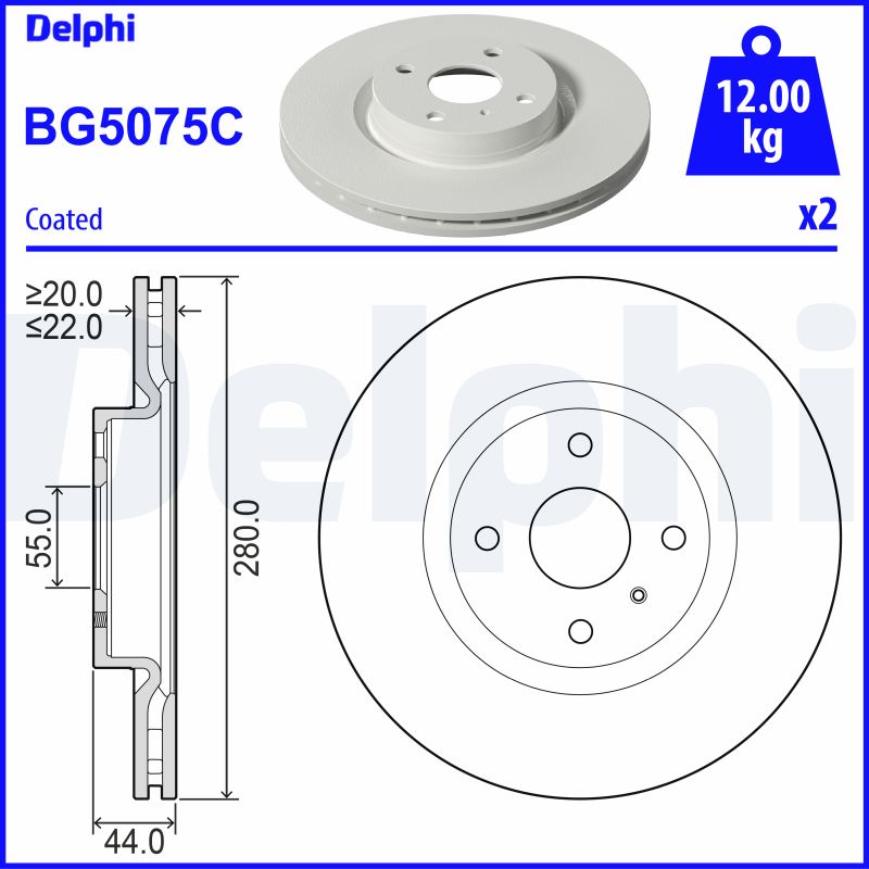 DELPHI Bremseskive bg5075c 280mm 22mm for ABARTH MAZDA