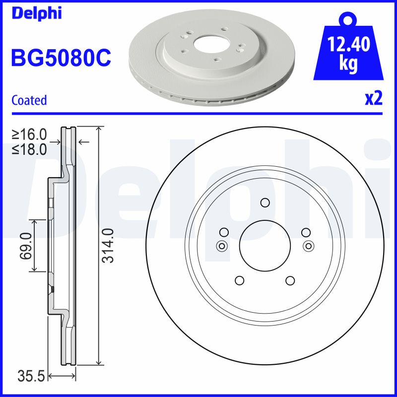 DELPHI Bremseskive bg5080c 314mm 18mm for HYUNDAI