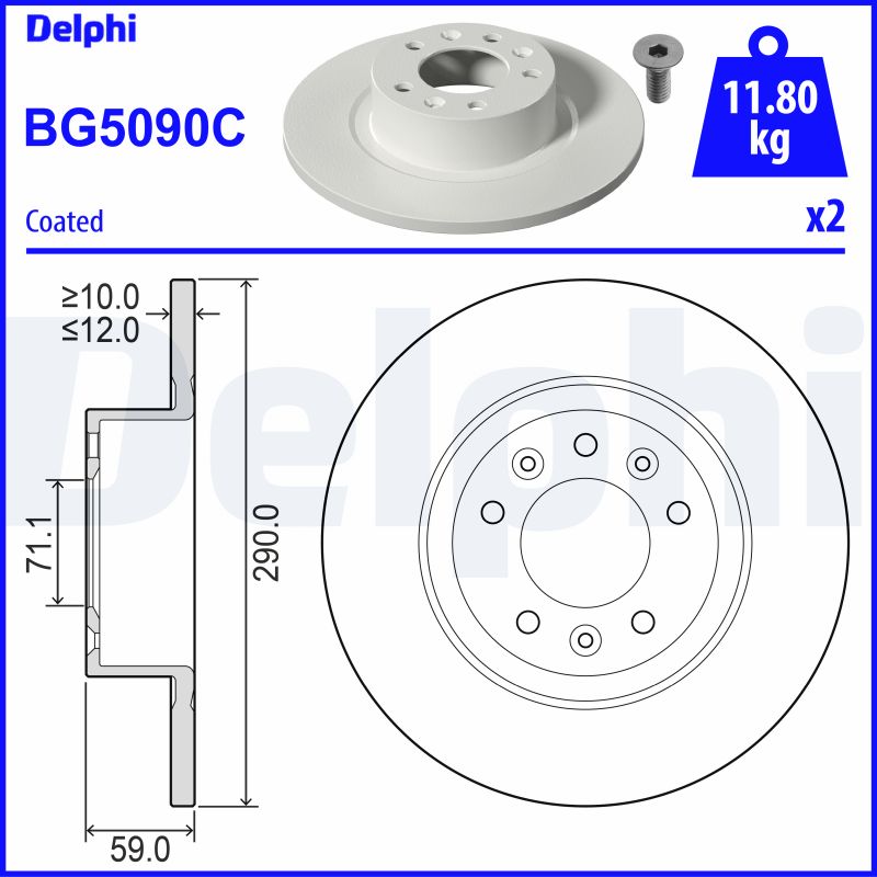 DELPHI Bremseskive bg5090c 290mm 12mm for PEUGEOT