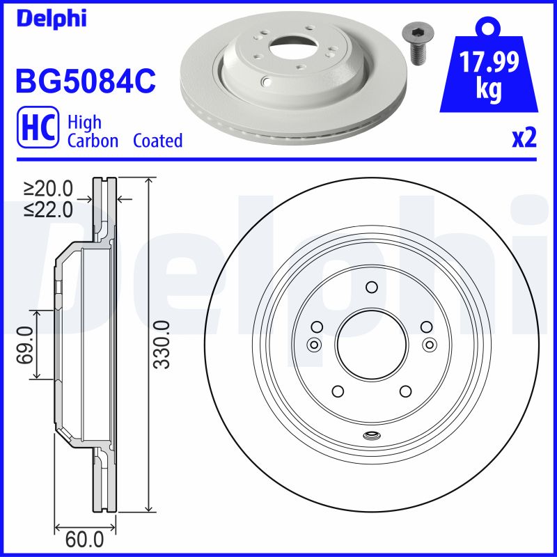 DELPHI Bremseskive bg5084c 330mm 22mm for GENESIS