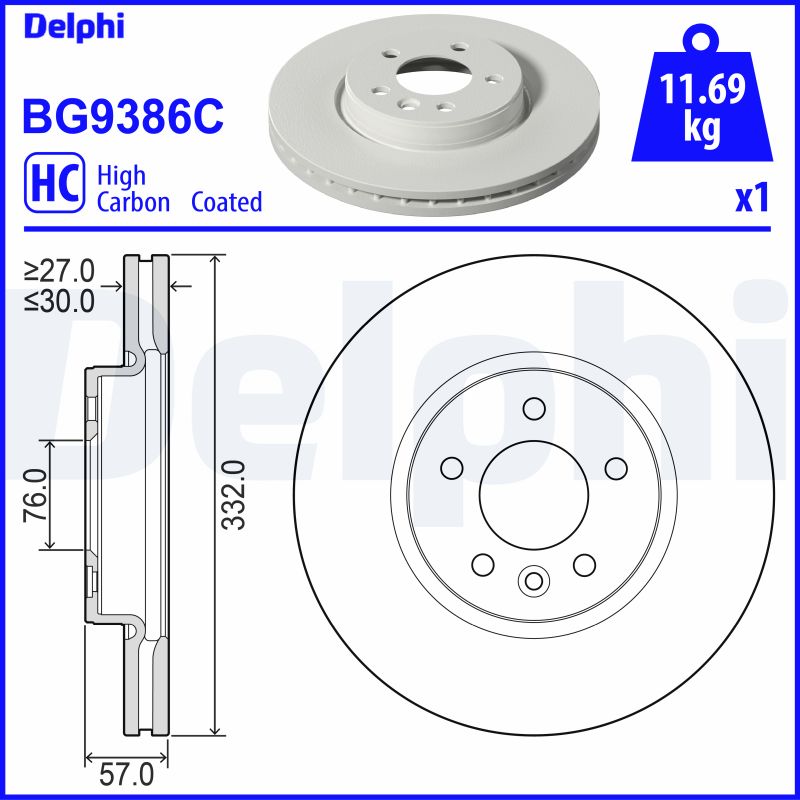 DELPHI Bremseskive bg9386c 332mm 30mm for VW