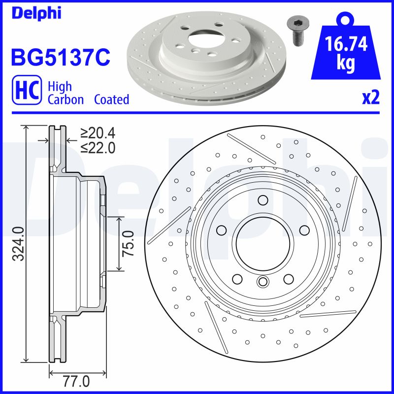 DELPHI Bremseskive bg5137c lukket/perforeret 324mm 22mm for BMW