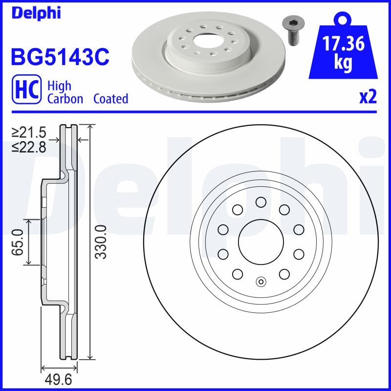 DELPHI Bremseskive BG5143C 330mm 23mm for VW