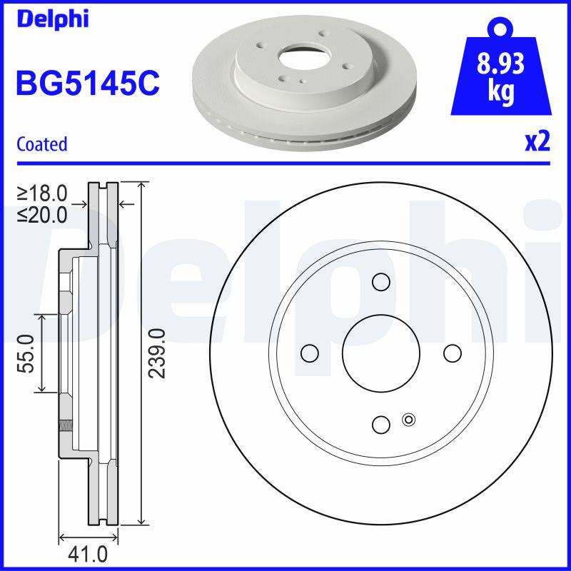 DELPHI Bremseskive bg5145c 239mm 20mm for MAZDA