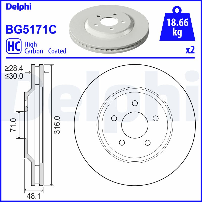 DELPHI Bremseskive bg5171c 316mm 30mm for FORD ASIA & OCEANIA
